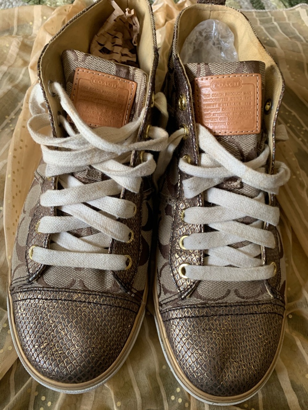 Coach Brown Signature High-Top Sneakers with Cream Laces